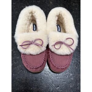 Lands End Women's 8 M Moccasin Slippers Leather Suede Shearling Lined slip on